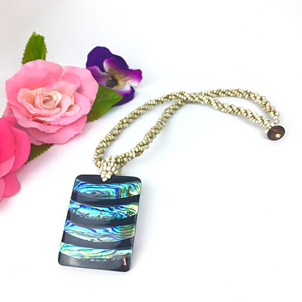 Braided Multi-Strand Seed Bead and Abalone Shell Pendant Necklace